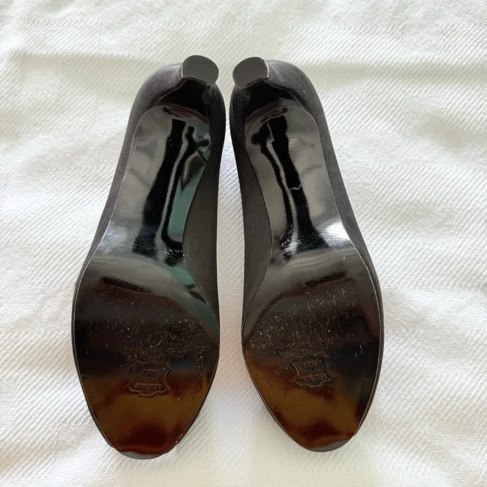 Stuart Weitzman Black Satin Peep Toe Heels Bows Rhinestones Shoes Sz 7.5 Formal